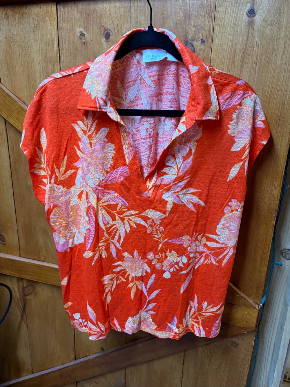 Cynthia Rowley Coral Floral Collared V-Neck Top
